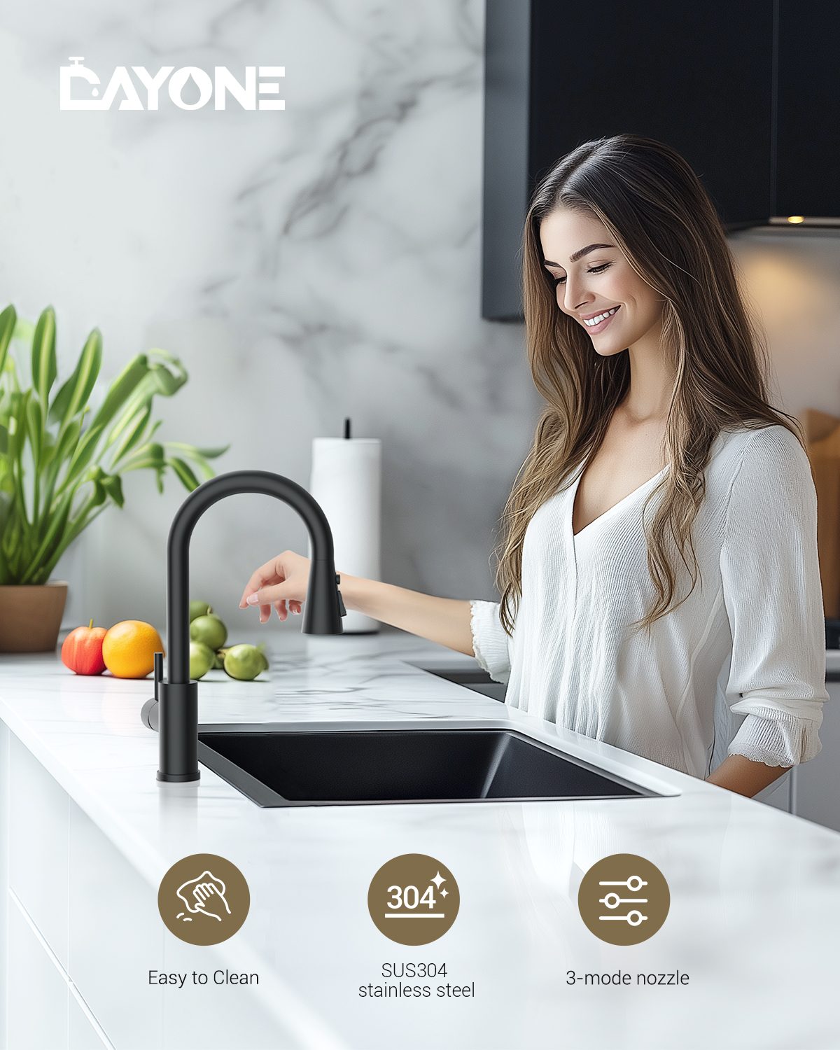 DAYONE Matte Black Pull-Out Kitchen Mixer Tap
