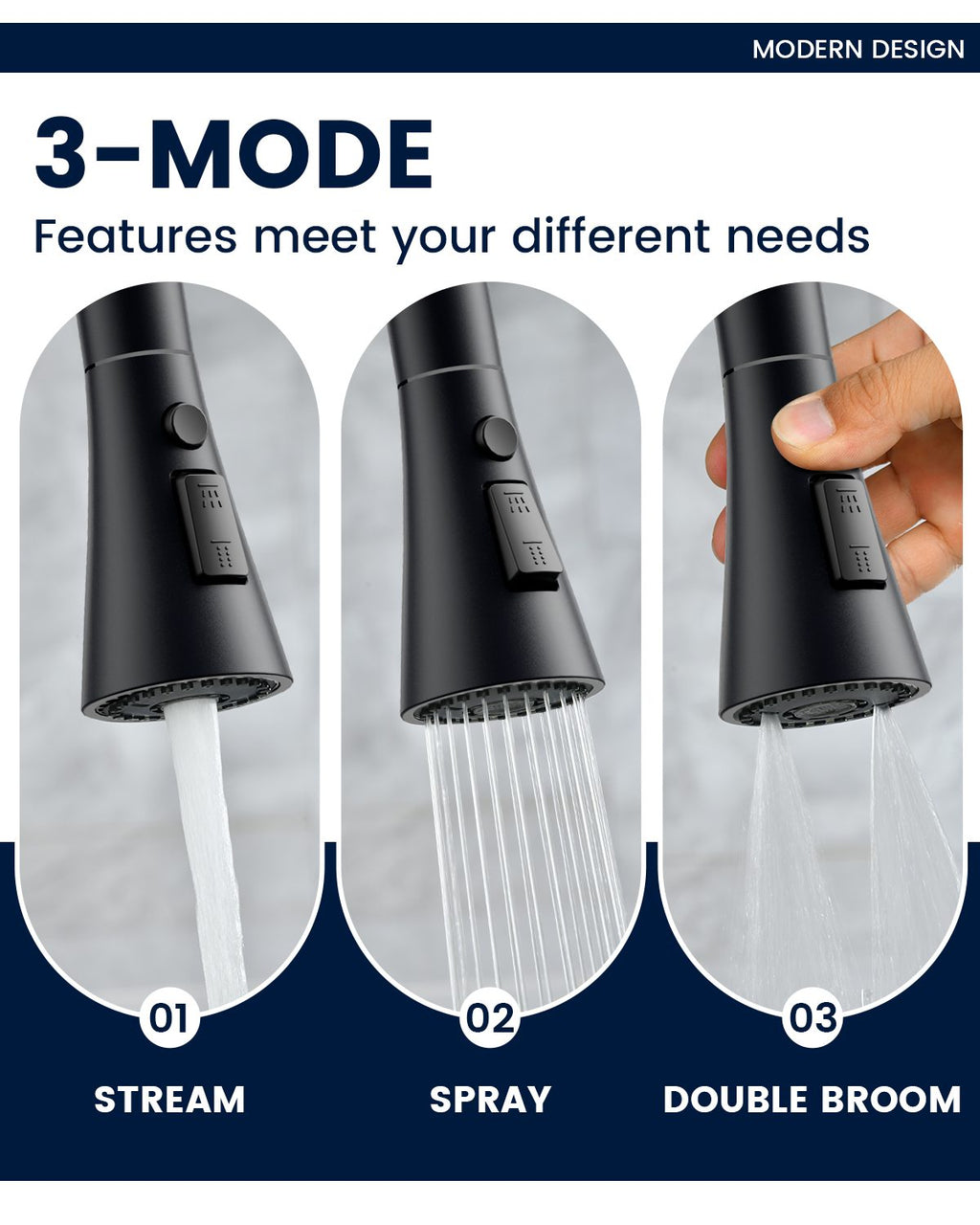 DAYONE Matte Black Dual Lever Pull-Out Kitchen Tap