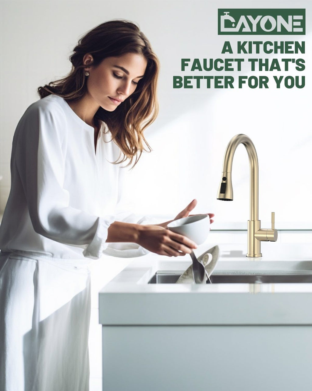 DAYONE Brushed Gold Pull-Out Kitchen Mixer Tap