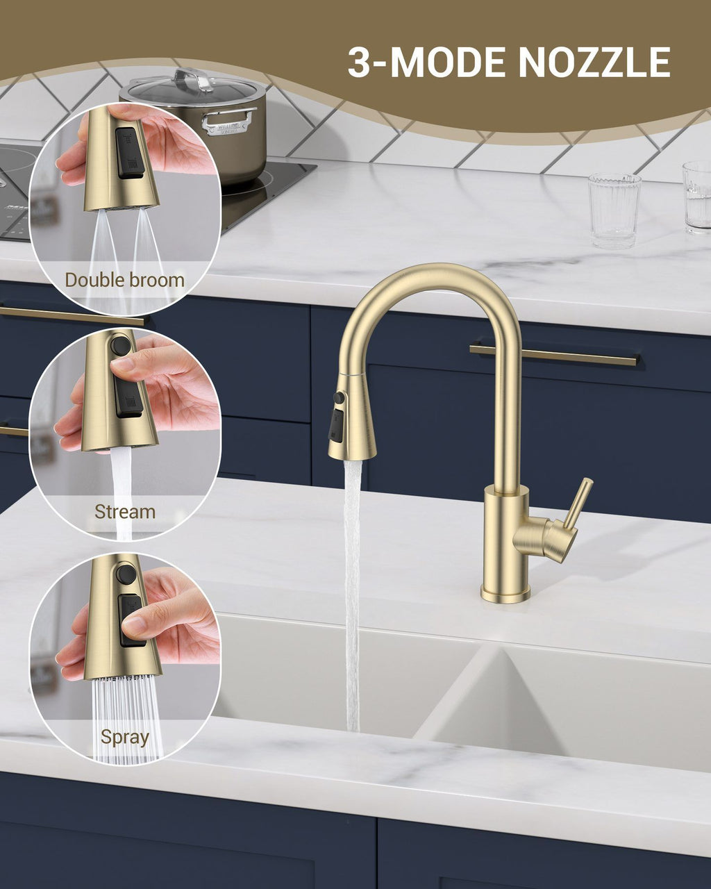 DAYONE Brushed Gold Pull-Out Kitchen Mixer Tap