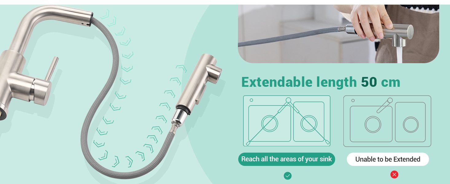 DAYONE Brushed Steel Pull-Out Kitchen Mixer Tap
