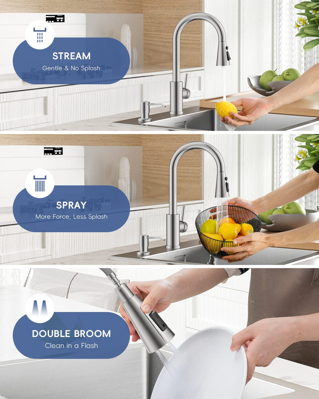 DAYONE Brushed Steel Pull-Out Kitchen Mixer Tap