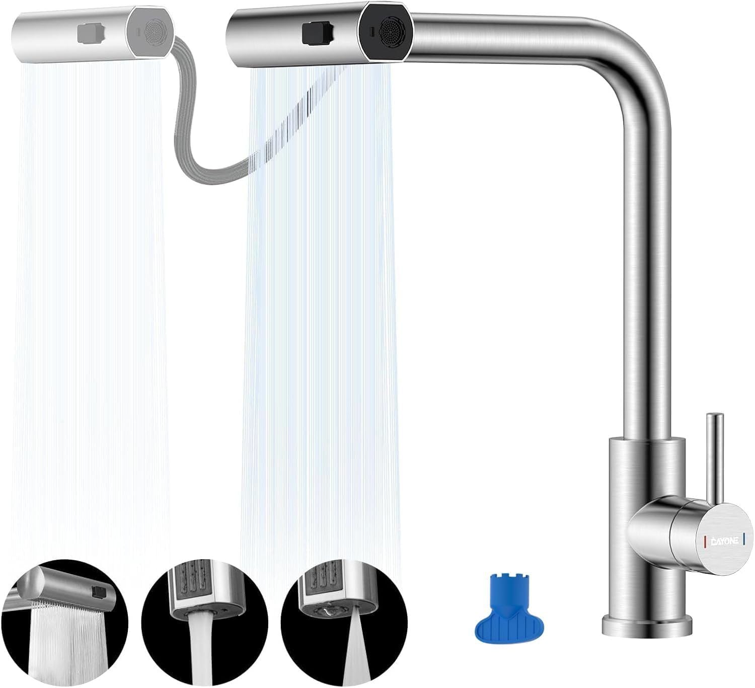 DAYONE Brushed Steel Waterfall Pull-Out Kitchen Tap