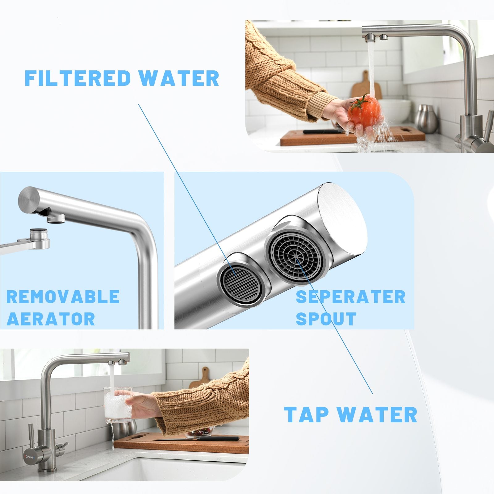 DAYONE Brushed Steel 3 Way Filter Kitchen Tap
