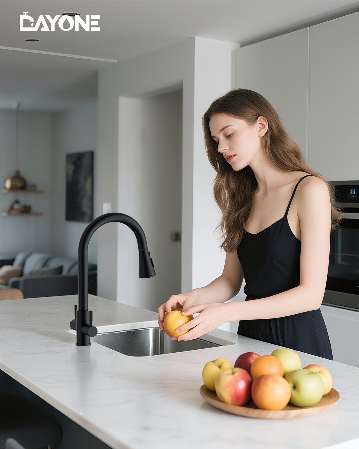 DAYONE Matte Black Dual Lever Pull-Out Kitchen Tap