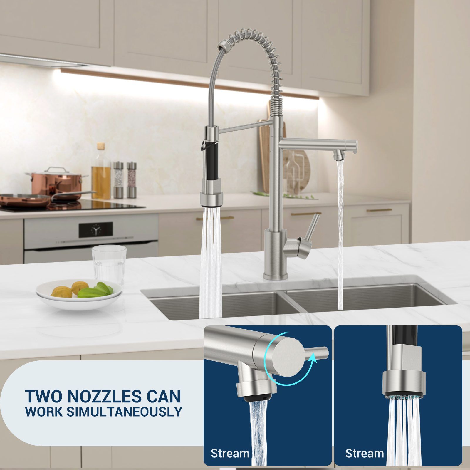 DAYONE Brushed Steel Spring Pull-Down Kitchen Tap
