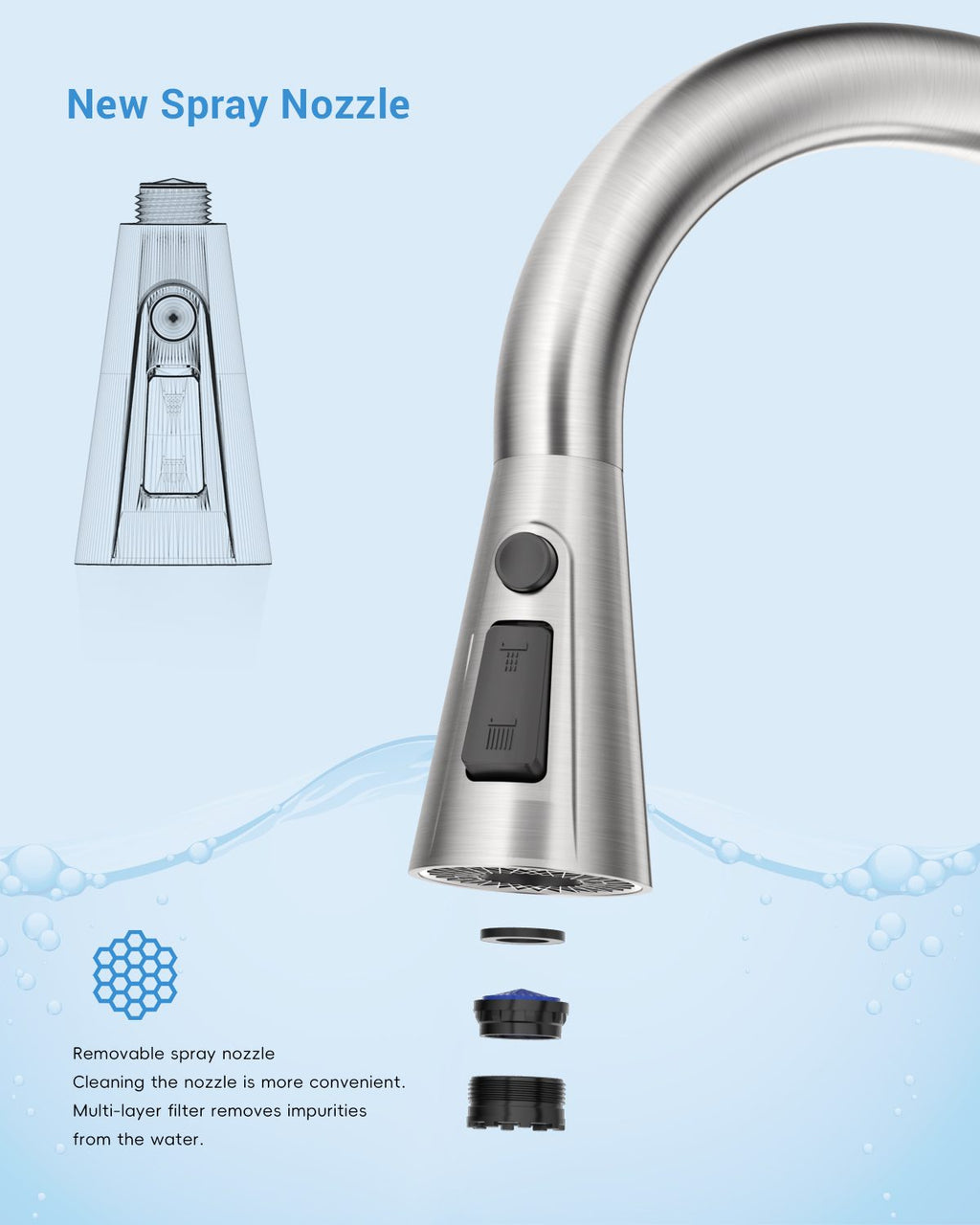 DAYONE Brushed Steel Pull-Out Kitchen Mixer Tap