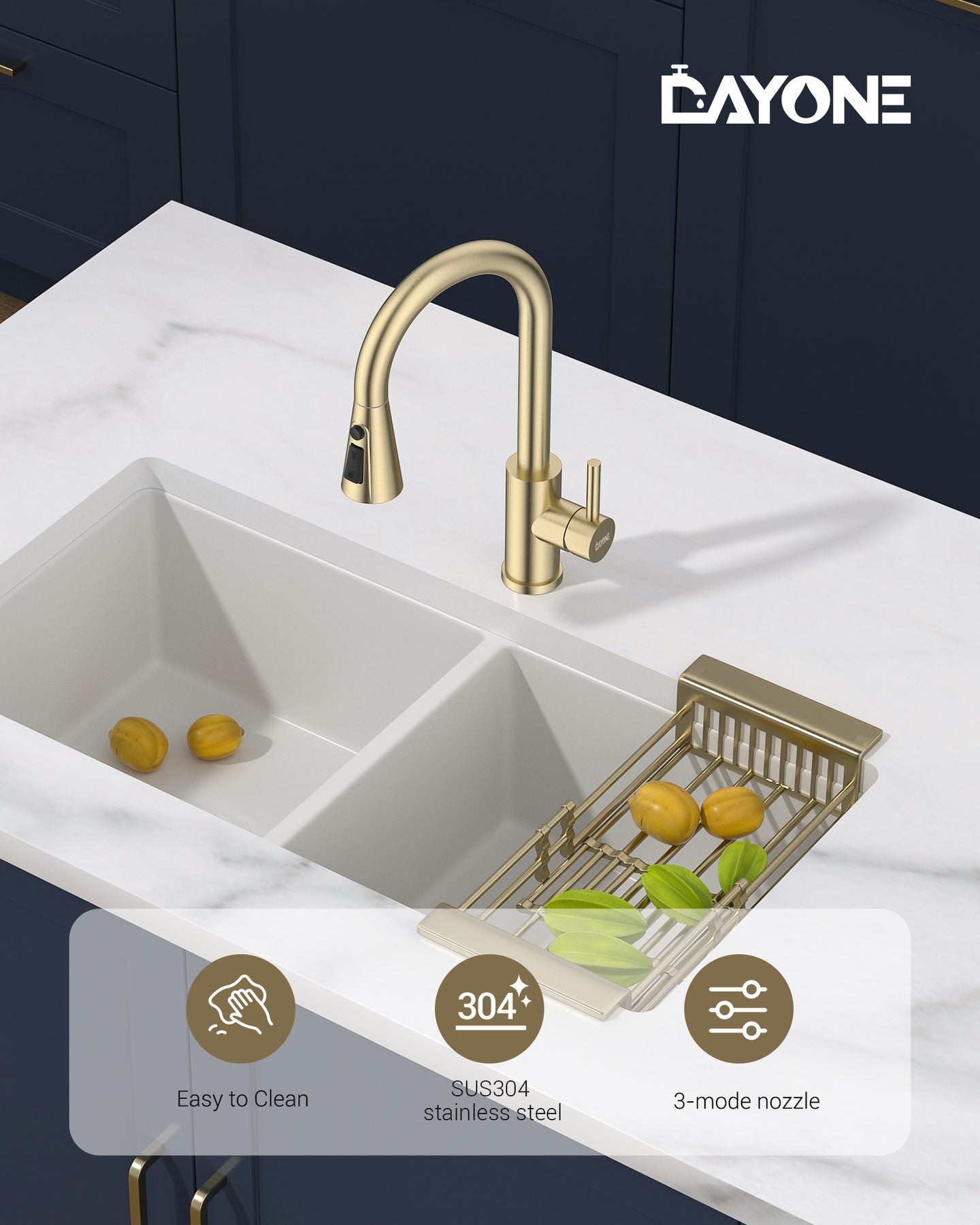 DAYONE Brushed Gold Pull-Out Kitchen Mixer Tap
