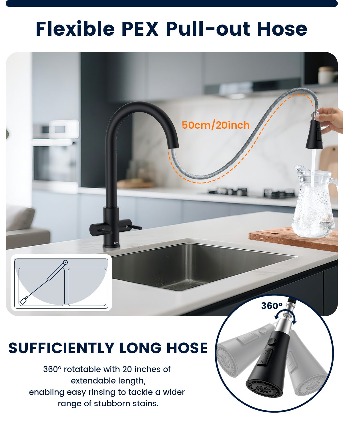DAYONE Matte Black Dual Lever Pull-Out Kitchen Tap
