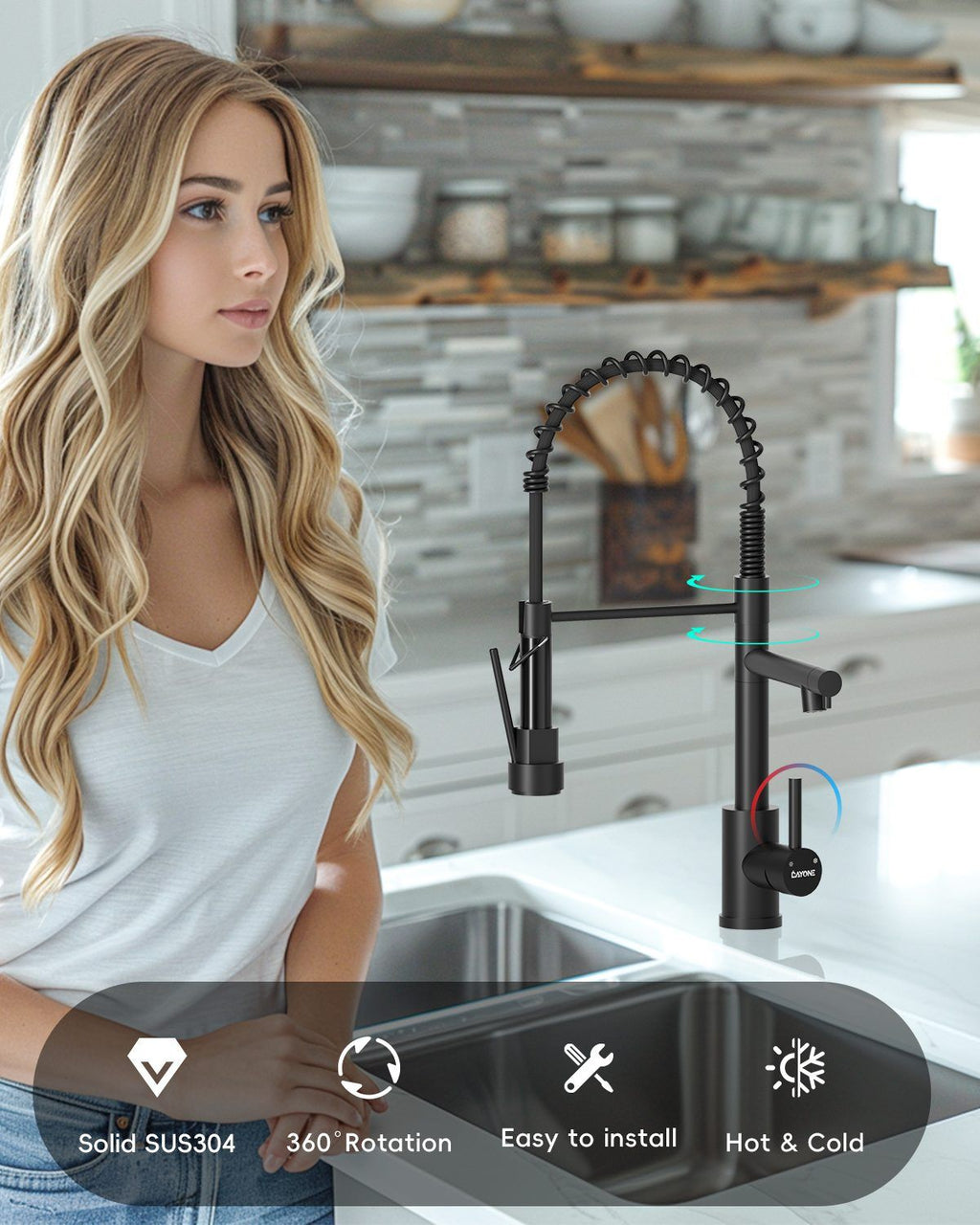 DAYONE Matte Black Spring Pull-Down Kitchen Tap