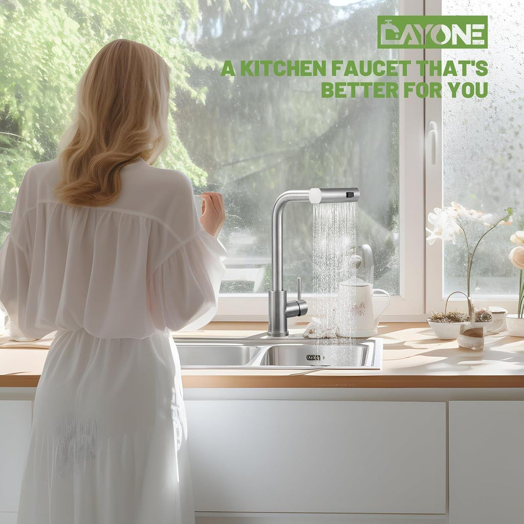 DAYONE Brushed Steel Waterfall Pull-Out Kitchen Tap