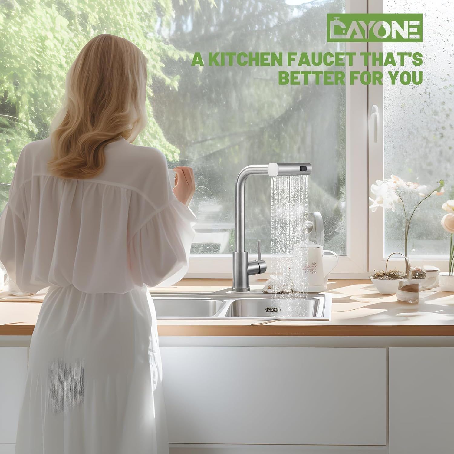 DAYONE Brushed Steel Waterfall Pull-Out Kitchen Tap