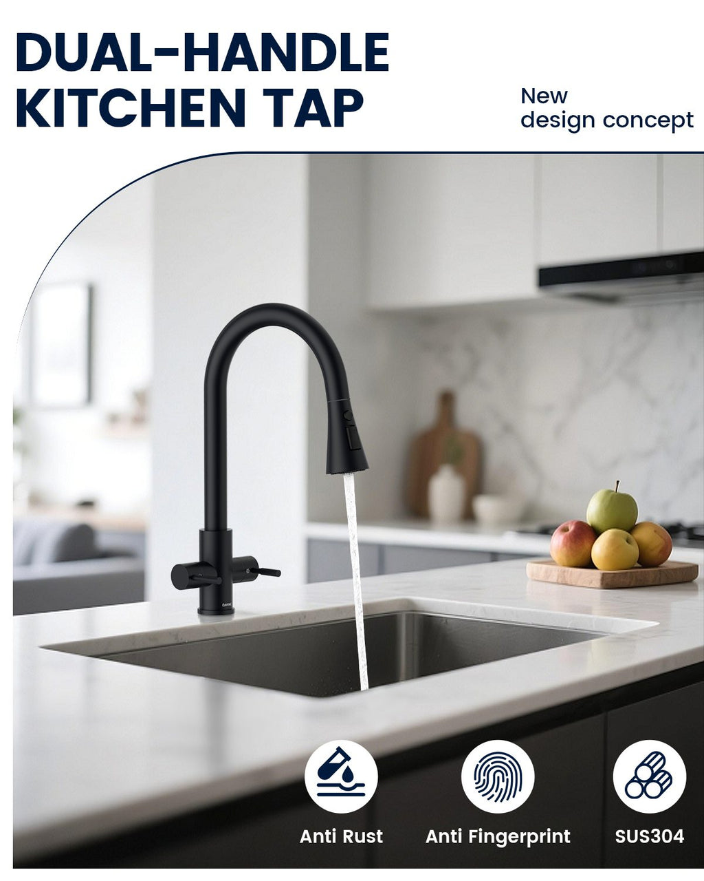 DAYONE Matte Black Dual Lever Pull-Out Kitchen Tap