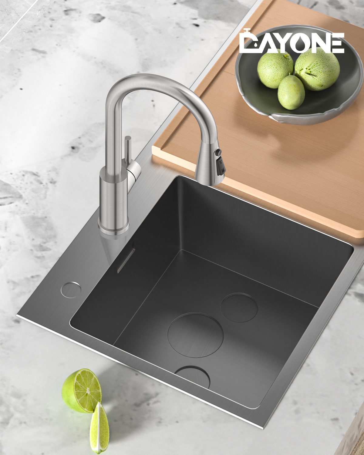 DAYONE Brushed Steel Pull-Out Kitchen Mixer Tap
