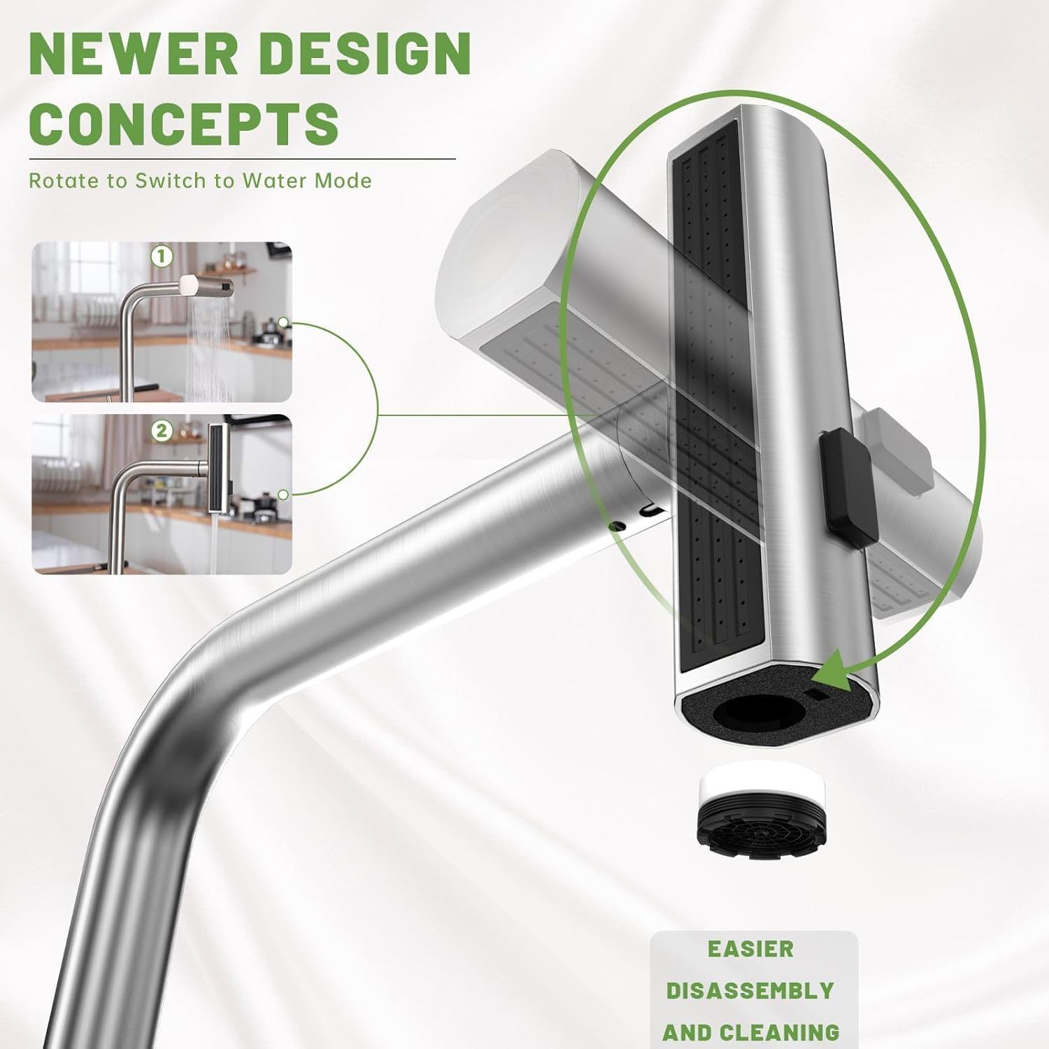 DAYONE Brushed Steel Waterfall Pull-Out Kitchen Tap