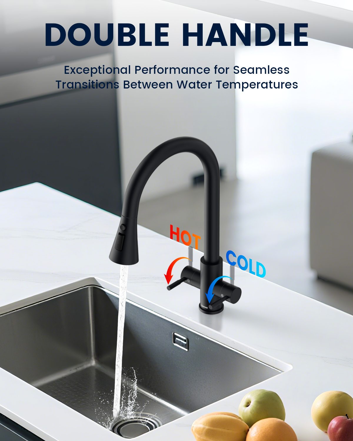 DAYONE Matte Black Dual Lever Pull-Out Kitchen Tap