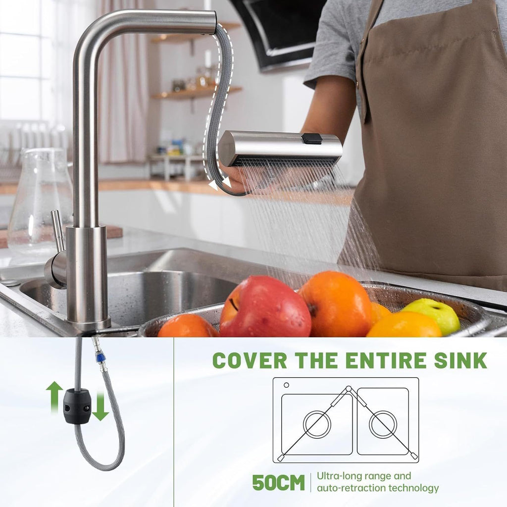 DAYONE Brushed Steel Waterfall Pull-Out Kitchen Tap