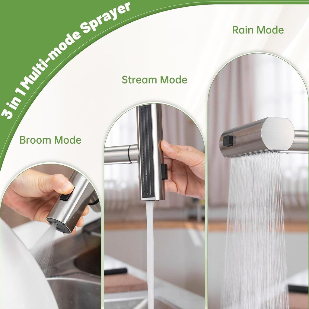 DAYONE Brushed Steel Waterfall Pull-Out Kitchen Tap
