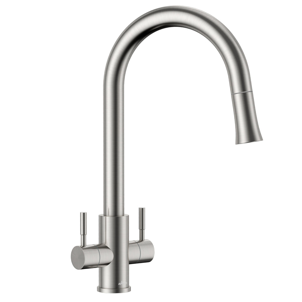 Brushed Stainless Dual Lever Pull-Out Kitchen Mixer Tap