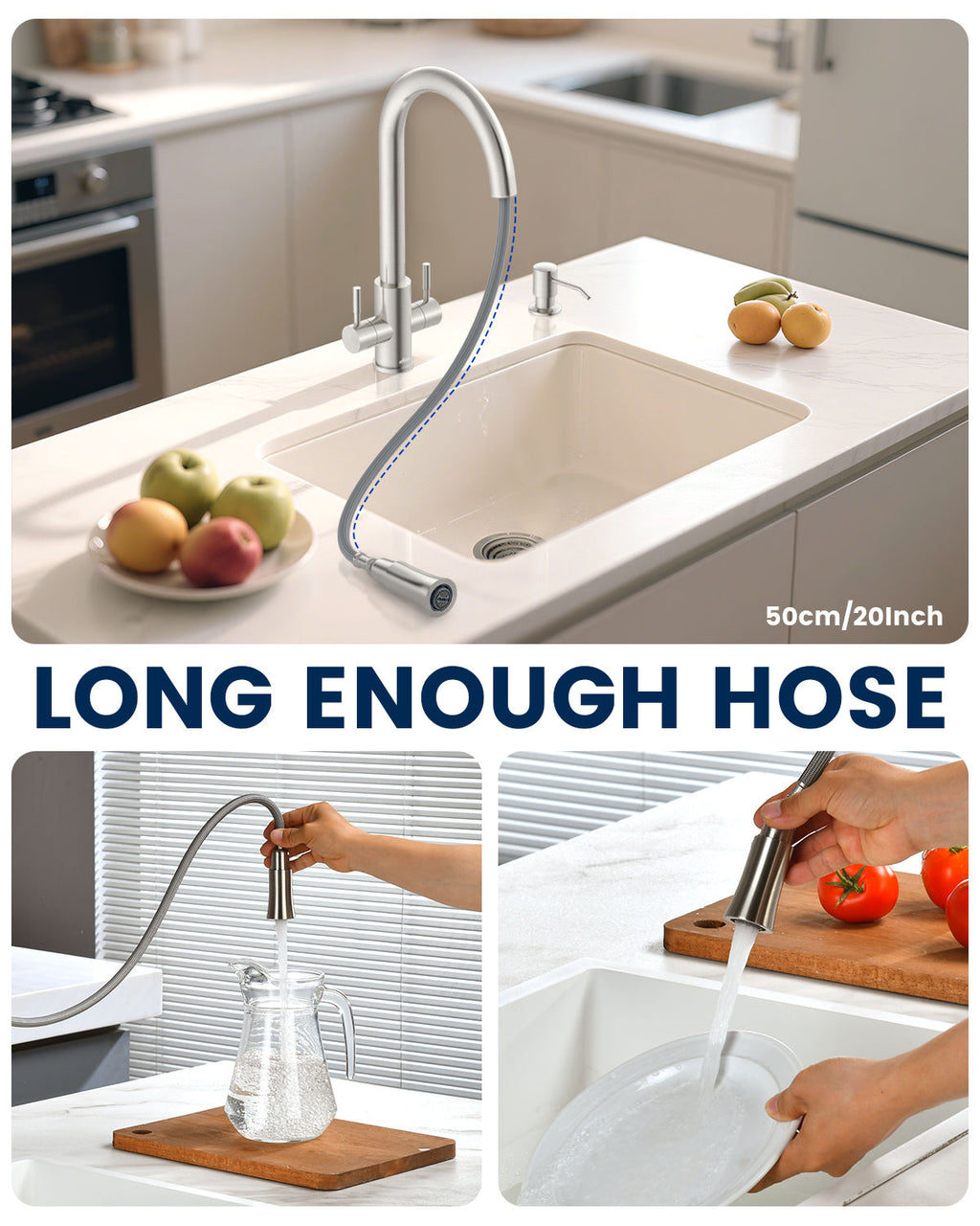 Brushed Stainless Dual Lever Pull-Out Kitchen Mixer Tap